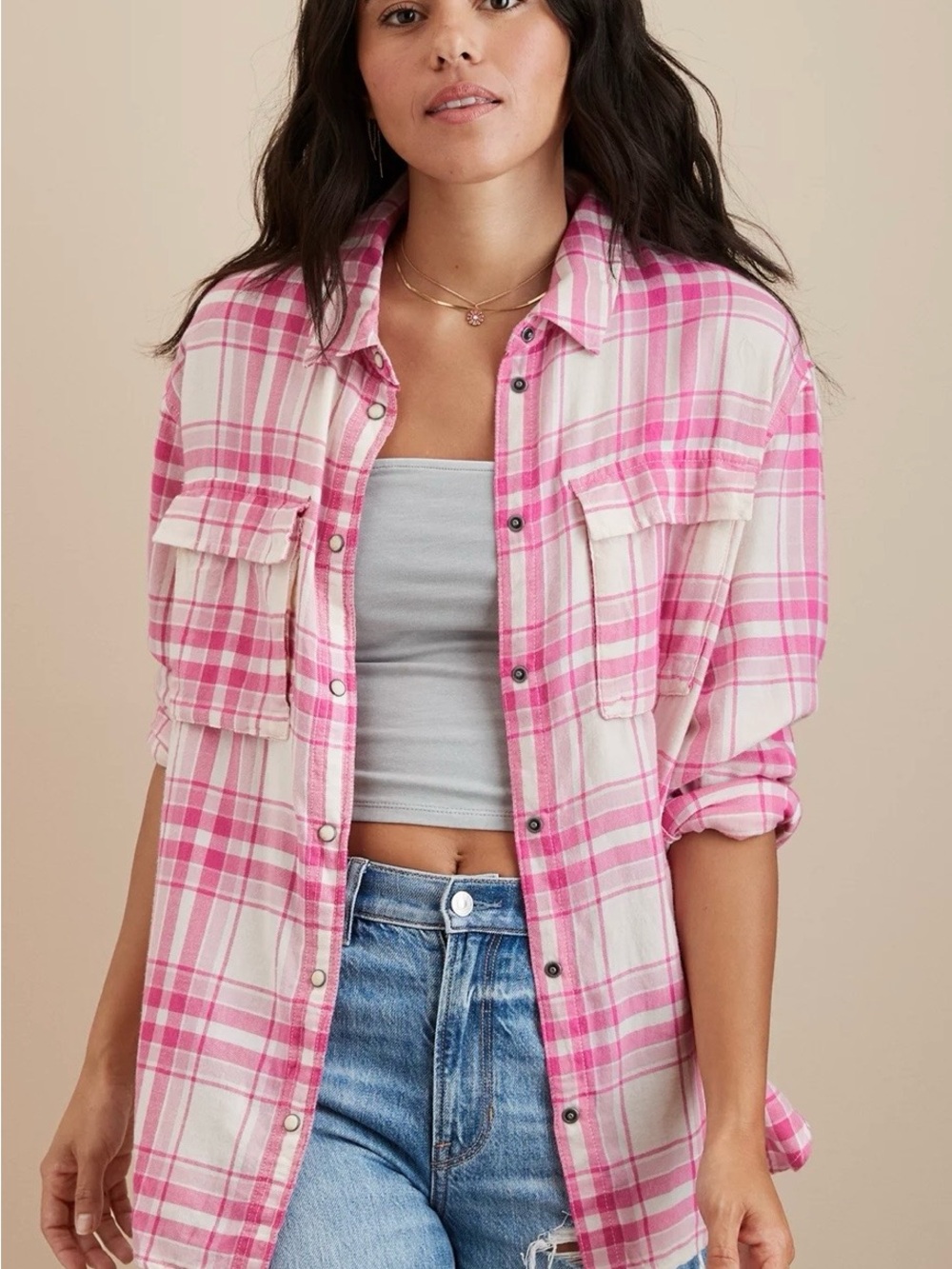 American Eagle Seriously Lived In Pink Plaid Flannel Button Up Shirt Women’s XS